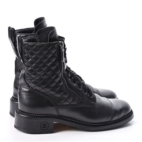 CHANEL Calfskin Quilted Lace Up Combat Boots 38.5 Black 